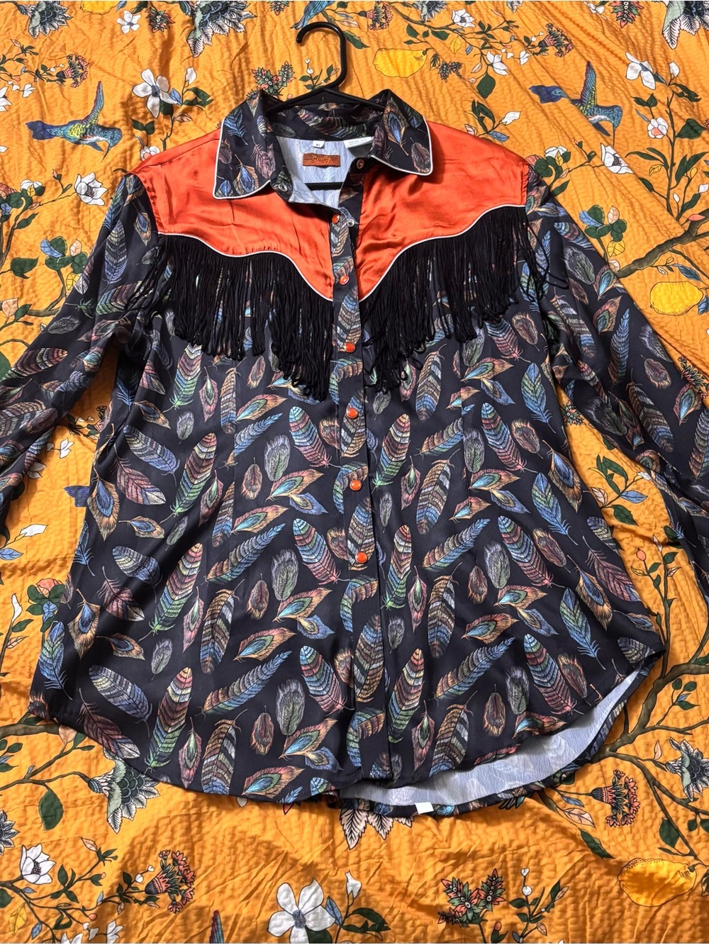 Scully Black Button-Up Shirt with Multicolor Feather Print